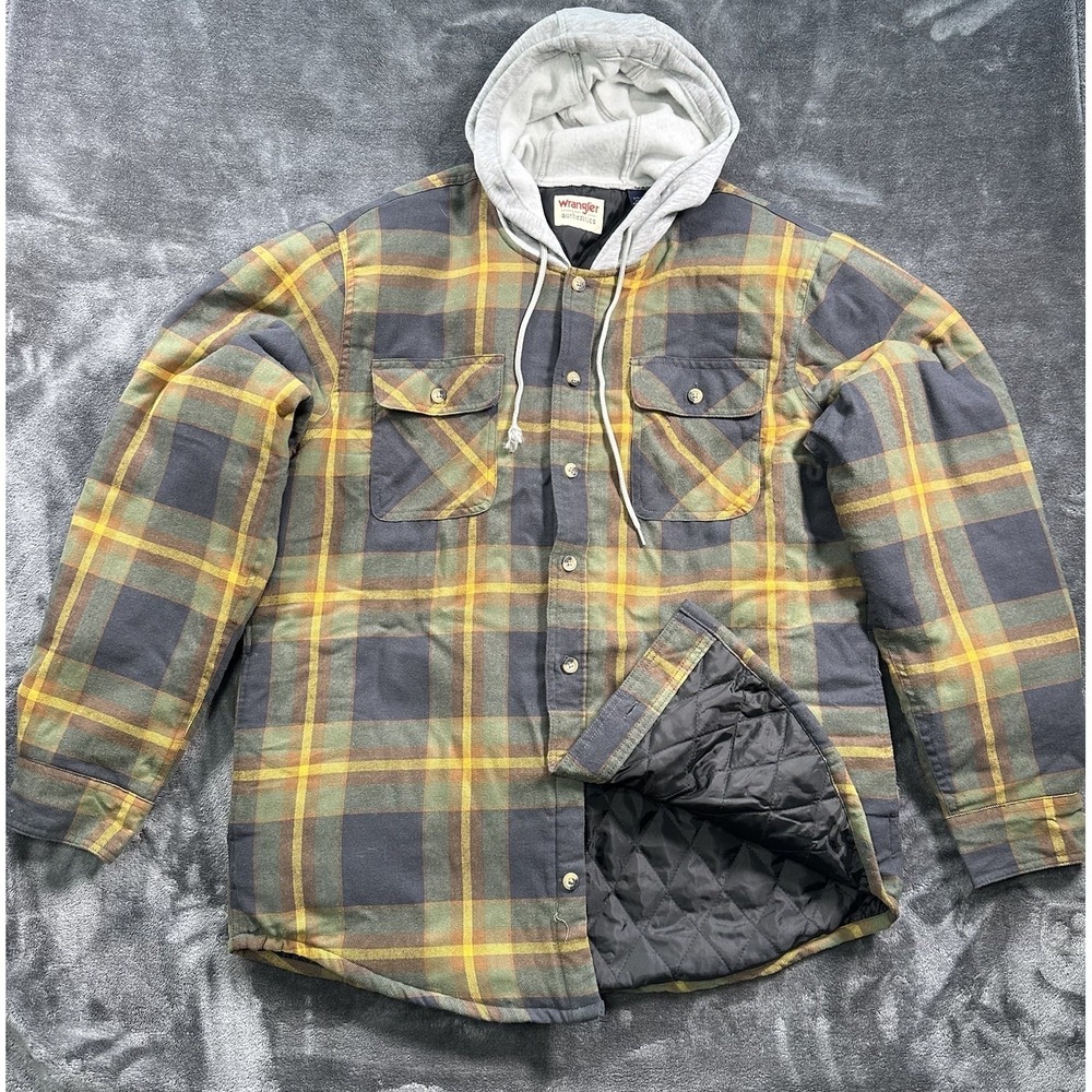 Wrangler Jacket Mens LARGE Red Hooded Lined Flannel Shirt Shacket Side Pockets